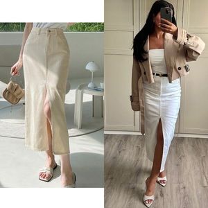 Ivory / off white / cream High Waist Split front jean Denim midi Skirt